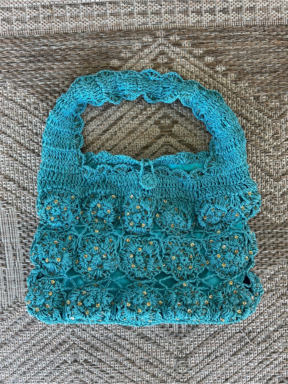 Teal Crochet Straw Hobo Bag w/Gold Beading & Sequins